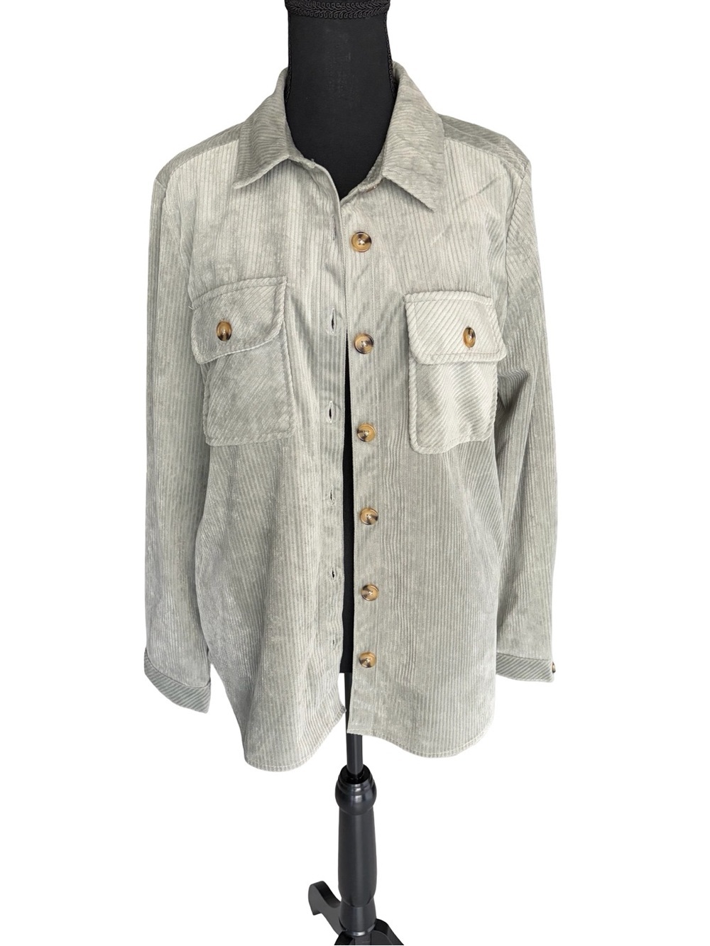 Democracy Light Gray Corduroy Shacket with Pockets